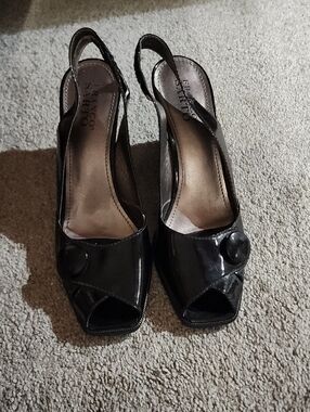 Franco Sarto Black Patent Peep-Toe Slingback Mules